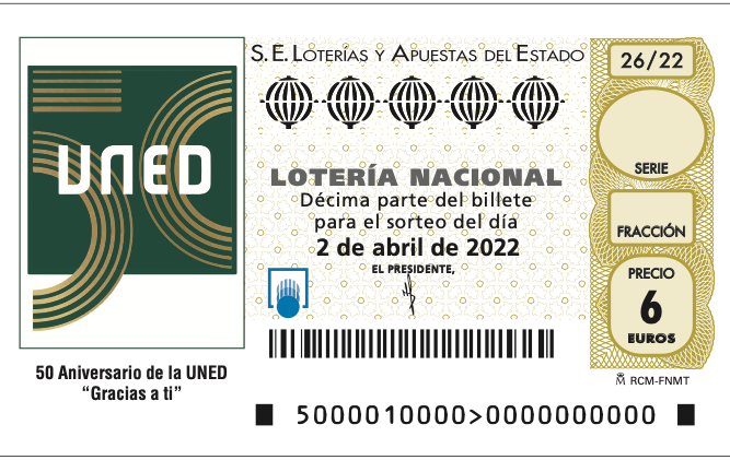 Los décimos del sorteo de la Lotería Nacional llevarán el logo y el lema UNED50